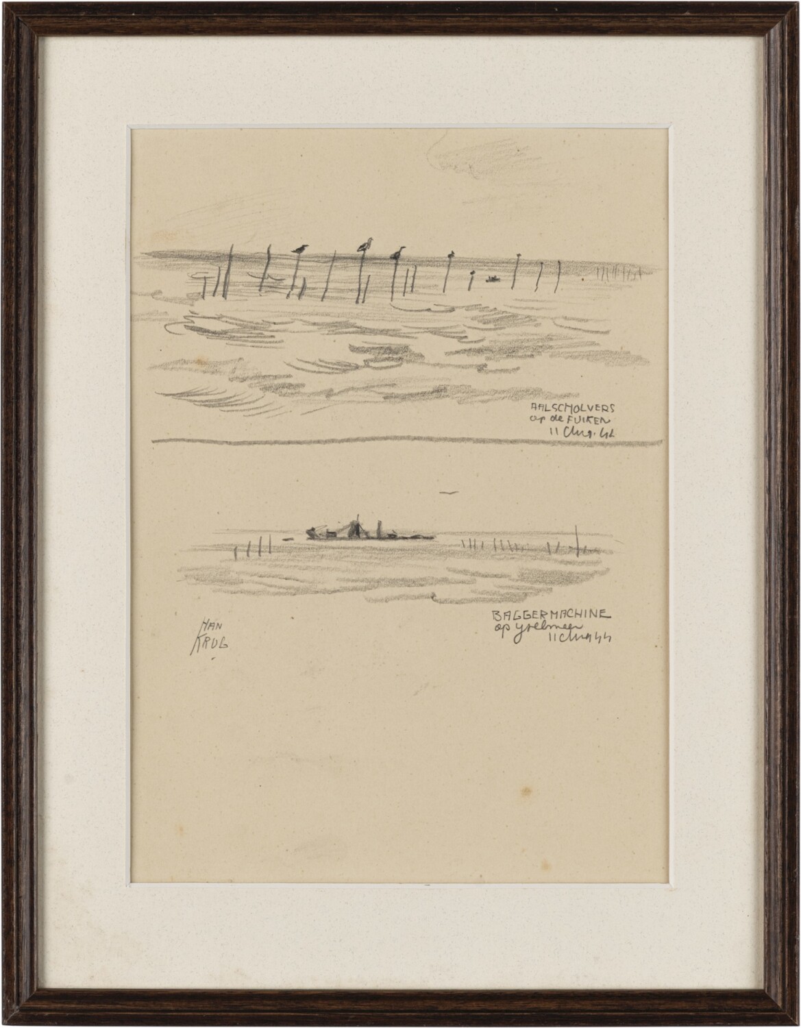 Aalscholvers en baggermachine